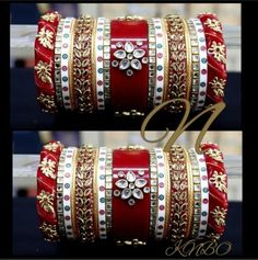 Spread Your Charm Everywhere With This Enchanting Red & White Chura Set. Center Piece Is Beautified With High Quality Glass Kundan In Floral Shape Fitting. Thin Glass Kundan Bangles Are Placed At Both Side Of Center Piece. Golden Metal Figures Kada At Both End Of This Ensemble Are Making It More Adorable. Be An Angel And Create A Splendid Impact On Everyone By Wearing This Gorgeous Design. This Is A Set Of 34 Bangles (17 For Each Hand). Marwari Wedding, Acrylic Bangles, Bangles Bridal, Metal Figures, Beaded Bangles, Wedding Jewelry Sets Bridal Jewellery, Red Bangles, Bridal Chura, Unique Bangle