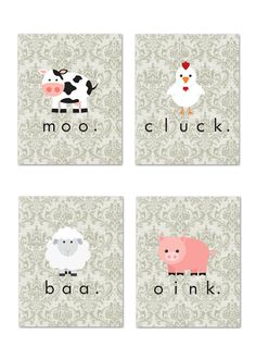 four pictures with animals on them and the words moo, cluck, baa, oink