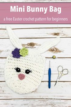 a crocheted bunny bag with scissors and yarn on it, sitting next to the words mini bunny bag