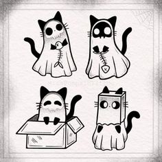 four cats in boxes with faces drawn on the front and back, one is black and white