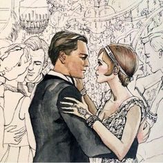 a drawing of a man and woman in formal dress dancing together with people behind them