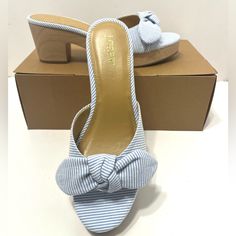 Mules In Size 9. Upper Fabric, Bow Accent. Heel Is About 2 7/8'' Measured All The Way With Insoles, Platform About 1''. Thanks For Looking! J Crew Factory, Mule Clogs, Mules Shoes, Platform Heels, All The Way, Blue Stripes, Heeled Mules, Clogs, J Crew