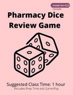 a pink book cover with two dices on it and the words pharmacy dice review game