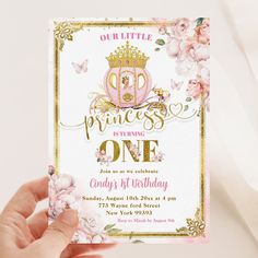 a little princess is turning one birthday card with flowers and a crown on the front