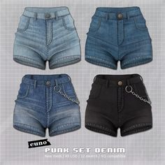 four pairs of denim shorts with chains on the front and back, all in different colors