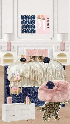 a bedroom decorated in pink, white and blue with leopard print rugs on the floor