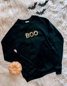 Boo Sequin Sweatshirt - localE. Fall Sweatshirt For Loungewear With Embroidered Text, Fall Loungewear Sweatshirt With Embroidered Text, Embroidered Text Top For Fall Streetwear, Embroidered Text Top For Streetwear In Fall, Embroidered Text Tops For Fall Streetwear, Fall Crew Tops With Letter Embroidery, Fall Letter Embroidery T-shirt For Streetwear, Fall Crew Hoodie With Text Print, Black Sweater With Embroidered Text For Fall