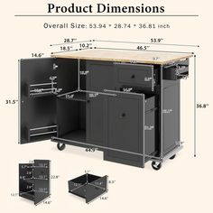 an image of a kitchen island with drawers on wheels and measurements for the cabinet doors