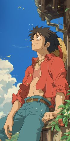 an anime character sitting on a ledge with his shirt open and looking at the sky