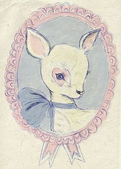 a drawing of a deer with a bow around its neck in a pink and blue frame