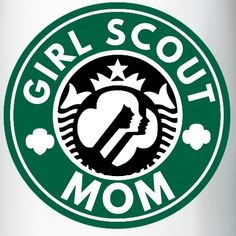 the girl scout mom logo is shown in black and white on a green coffee mug