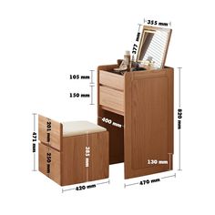 an image of a wooden desk with drawers and stools in measurements for each drawer