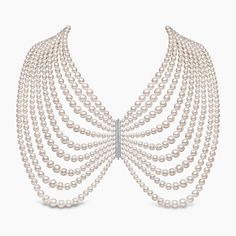 This necklace features cascading rows of lustrous white Freshwater pearls, artfully arranged to mimic the elegance of a butterfly or a cascading waterfall. The pearls are harnessed by an intricate diamond setting in 18K white gold, creating a stunning visual effect that allows for versatile styling. Wear it as a graceful butterfly-shaped piece or as a classic waterfall design, making it a timeless and unique statement accessory. Pearl Size: 4-10mmApproximate Diamond Weight: 0.84ctMetal: 18K White Gold Cascading Waterfall, Rare Pearls, Pearl Butterfly, Waterfall Design, Pearl Jewellery, Yoko London, Necklace Craft, White Freshwater Pearl, Diamond Settings