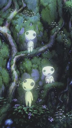 two cartoon characters are standing in the middle of a forest, surrounded by trees and bushes