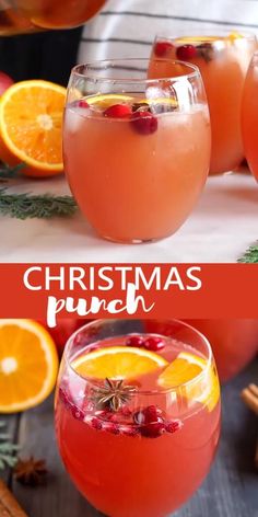 christmas punch with oranges, cranberries and cinnamon on the rim in glasses