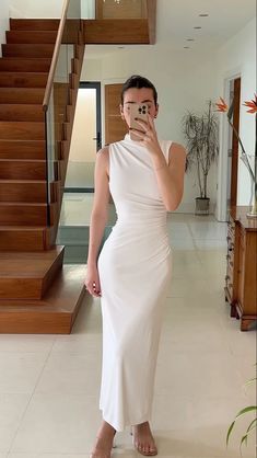 White Dress Outfit Classy Elegant, White Grad Dress Graduation, Coctail Dresses 2024, White Dress Graduation Classy, Graduation Dresses Midi, Rich Woman Lifestyle, Mock Neck Midi Dress, High Neckline Dress, White Dresses Graduation