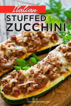 zucchini stuffed with meat and cheese on a cutting board