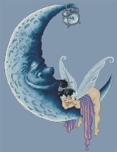 a cross stitch pattern with a fairy sitting on the moon and holding a baby in her arms