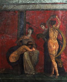 an old painting on the side of a building with two women and one man in it