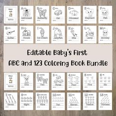 the printable baby's first abc and 123 coloring book bundle is displayed on a wooden