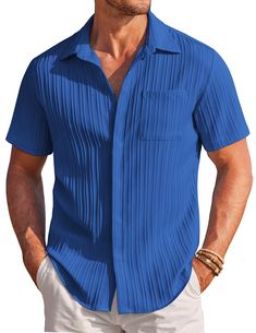 PRICES MAY VARY. FASHION TEXTURED- Well designed men button down shirt, slight vertical ribbing, invisible button, loose fit, classic solid color, left chest pocket, this camp beach shirt style is simple and fashion which marks beginning of the vacation spree! PREMIUM FABRIC- Men's beach short sleeve button down shirt is breathable, skin friendly, comfy, slightly elastic, which can resistant shrink, provide you feeling cool and comfortable all day. Keeps you feel relaxed in hot summer days. MEN SUMMER OUTFIT- Men short sleeve vacation shirt is great to match with beach short, slacks, formal pants, linen pants or jeans. Pair with sunglasses,a hat, and canvas shoes for your perfect fashionable style on the beach. WARM TIPS- Machine or hand wash are both available for the men's casual button Mens Blue Short Sleeve Shirt, Mens Casual Shirts, Mens Beach Shirts, Men Linen Shirt, Button Shirts Men, Mens Beach Shorts, Summer Beach Shorts, Pants Linen, Formal Pants