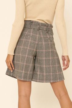 Wool-blend plaid shorts. Paperbag waist. Removable tie belt. Belt loops. Concealed front zipper. Hip pockets. Satin lining. Wide leg Thigh length. Relaxed fit. 95% Polyester, 5% Wool. Imported. Designed in Los Angeles, CA. Model wears size S. Chic Plaid Short Bottoms, Chic Plaid Short-length Bottoms, Plaid Short Bottoms For Fall, Chic Short Plaid Bottoms, Fall Plaid Shorts, Chic Knee-length Plaid Bottoms, Fall Workwear Shorts With Short Inseam, Workwear Shorts For Fall With Short Inseam, Short Bottoms With Belt Loops For Fall