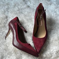 These Shoes Are Stunning! Brand New, Never Worn Without The Box. Marks Underneath Are From Trying Them On, And Then Sitting On My Shoe Rack For The Past Couple Years! I Absolutely Adore These, But I Work From Home Now, And Have Nowhere To Wear Them! These Are Perfect For The Stylish Professional. All Around Gorgeous Shoe. Burgundy 4-inch Heels For Office, Burgundy Medium Width Heels For Office, Burgundy Leather Heels With Pointed Toe, Burgundy Heels With 4-inch Heel For Office, Burgundy Leather Heels For Party, Burgundy Suede Pointed Toe Heels, Burgundy Leather Heels With 4-inch Heel, Burgundy Leather Heels With Heel Strap, Burgundy Fitted Heels For Office