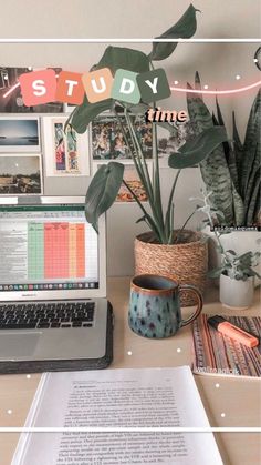 an open laptop computer sitting on top of a desk next to a potted plant