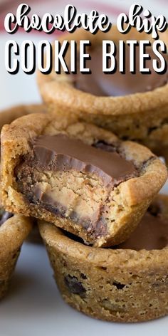 chocolate chip cookie bites stacked on top of each other with the words, chocolate chip cookie bites