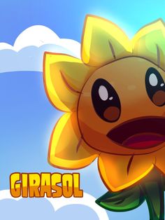 a cartoon sunflower with the word grasol on it's face in front of a blue sky