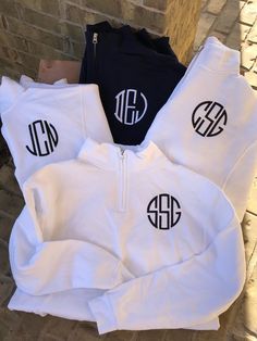 Monogram Quarter Zip Sweatshirt, Personalized Sweatshirt, Embroidered Quarter Zip, Custom Pullover, Monogrammed Gift for Her These monogrammed quarter zip sweatshirts are perfect gifts. Super soft and cozy! Great for birthday gifts, bridesmaids, Mother's Day too!  These sweatshirts are made out of 8-ounce, 50/50 cotton/poly NuBlend®; pill-resistant fleece High-stitch density for a smooth-printing canvas Stylish zip-through cadet collar Covered aluminum zipper for maximum print area Rib knit cuffs and waistband Double-needle cover stitching on armholes and waistband I use a commercial embroidery machine with high quality thread.  These zip ups are unisex, so please keep that in mind when ordering. I would say they run true to size, if you want an oversized look, please order up.  I am 3-4 w Monogram Clothes, Sped Shirts, Ladies Sweatshirt, Commercial Embroidery Machine, Monogram Outfit, Monogram Sweatshirt, Circuit Ideas, Applique Monogram, Shirts Ideas