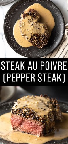 steak au poivre with pepper steak sauce on top and in the background, there is