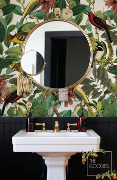 a white sink sitting under a mirror next to a wall mounted faucet with birds on it