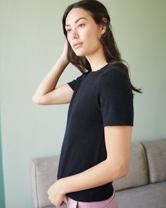 The classic cashmere Tee Shirt spun from 100% Grade A Mongolian cashmere. Super soft and lightweight, this short sleeve cashmere sweater is a wardrobe staple for layering all year round. Tees are meant for everyday wear. Now yours can be cashmere.  | Quince | Women's Mongolian Cashmere T-Shirt in Black, Size Small Cashmere Tops With Ribbed Neckline For Work, Spring Black Cashmere Top, Black Cashmere Top For Spring, Chic Cashmere Top With Ribbed Neckline, Classic Crew Neck Cashmere T-shirt, Chic Cashmere Tops In Solid Color, Chic Solid Cashmere Tops, Casual Relaxed Fit Cashmere Knit Top, Casual Cashmere Fine Knit Top