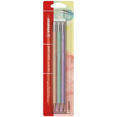 three different colored pencils in packaging