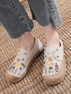 Beige Spring Embroidered Round Toe Espadrilles, Casual Embroidered Espadrilles For Spring, Casual Flat Embroidered Espadrilles, Spring Embroidered Slip-on Espadrilles, Embroidered Slip-on Espadrilles For Spring, Casual Embroidered Closed Toe Espadrilles, Casual Flat Heel Espadrilles For Spring, Casual Flat Spring Espadrilles, Casual Flat Espadrilles For Spring