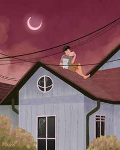 a woman sitting on top of a roof next to a house under a full moon