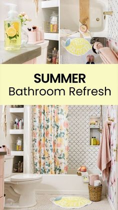 the bathroom is clean and ready to be used for summer refreshment, including shower curtain