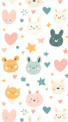 an animal themed wallpaper with hearts, stars and other animals in pastel colors