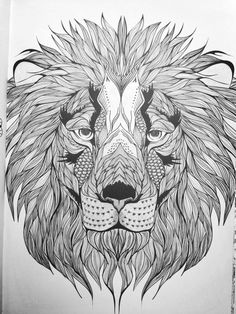 a black and white drawing of a lion's head with long manes, on paper