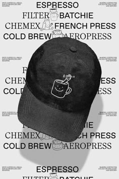 a black and white photo of a hat on top of a wall with the words espresso written below it