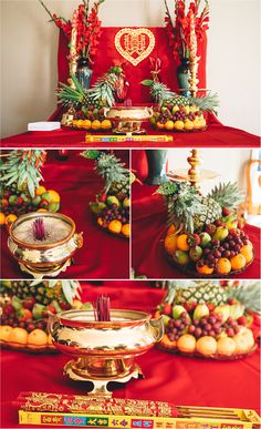 the table is covered with fruit and decorations