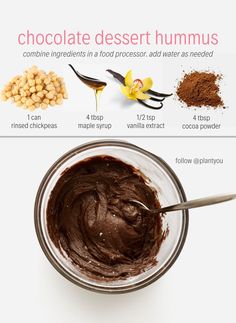 chocolate dessert hummus recipe in a glass bowl with spoon and ingredients to make it