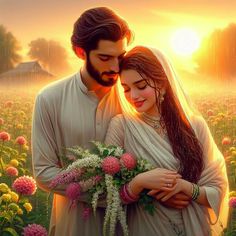 a painting of a man and woman standing in a flower field with the sun setting behind them