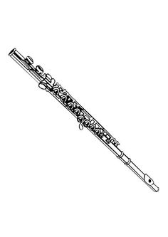 a black and white drawing of a flute with music notes on the end of it