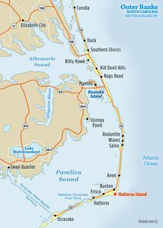 a map of the outer banks of north carolina with roads and major cities on it