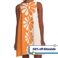 Loose-fit, mid-length sleeveless dress with silky handfeel. Printed on both sides. Machine washable. Size range XS-2XL. Minimal meets hippie in this bold design of 1960's pop art-inspired flowers in contrasting orange and cream. Fun and cute on clothing, and perfect with retro, minimal or contemporary decor. Go big! Go bold! Retro A-line Summer Dress, Retro Fitted Sleeveless Sundress, Retro A-line Sleeveless Dress, Retro Sleeveless Beach Dress, White Vintage Sleeveless Summer Dress, Vintage White Sleeveless Dress For Summer, White Vintage Sleeveless Dress For Summer, Orange Retro Print Summer Dress, Retro Knee-length Summer Dress