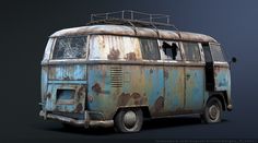 an old, rusty van is shown in this image with no wheels on the side