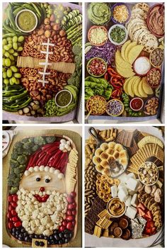 four pictures of different food items arranged in the shape of santa clause