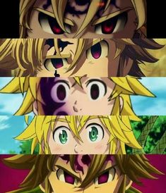 the faces of two anime characters, one with green eyes and one with yellow hair